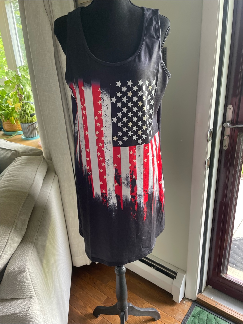 Black Women's Tank Top with Distressed American Flag Print NWOT